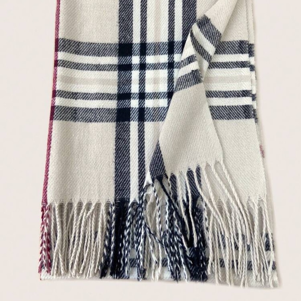 Plaid Fringe Scarf - Cream, Black, Red - Picture 4 of 8